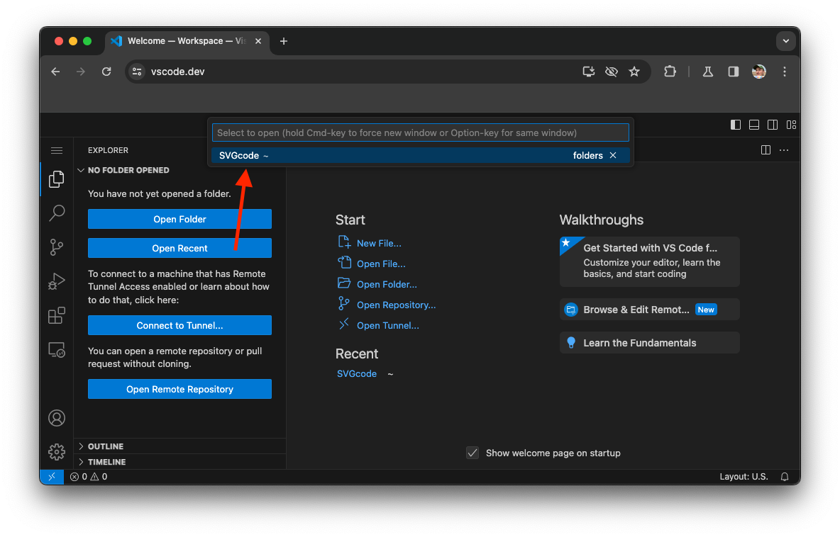 Visual Studio Code ofrece los últimos archivos abiertos.