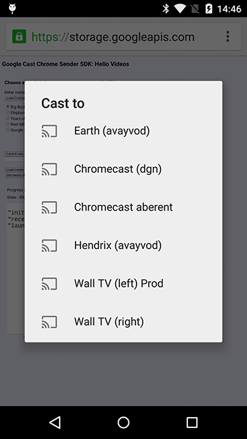 Caixa de diálogo de seleção de dispositivo do Google Cast.