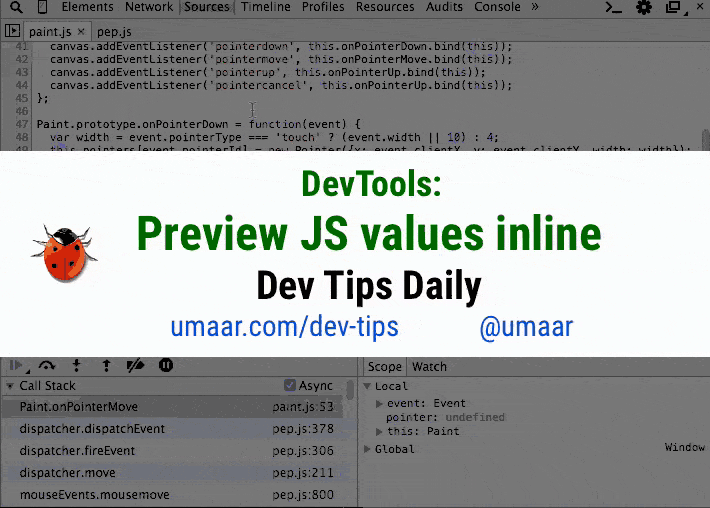 Obtén una vista previa de los valores de JavaScript intercalados durante la depuración