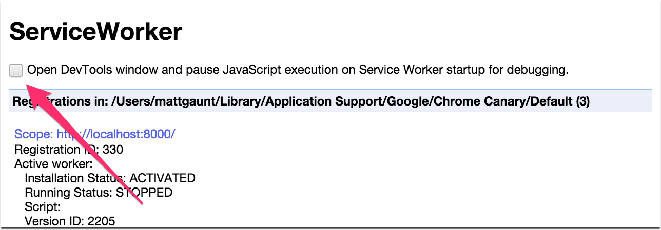 Screenshot che mostra dove si trova la casella di controllo per mettere in pausa l&#39;esecuzione in serviceworker-internals.
