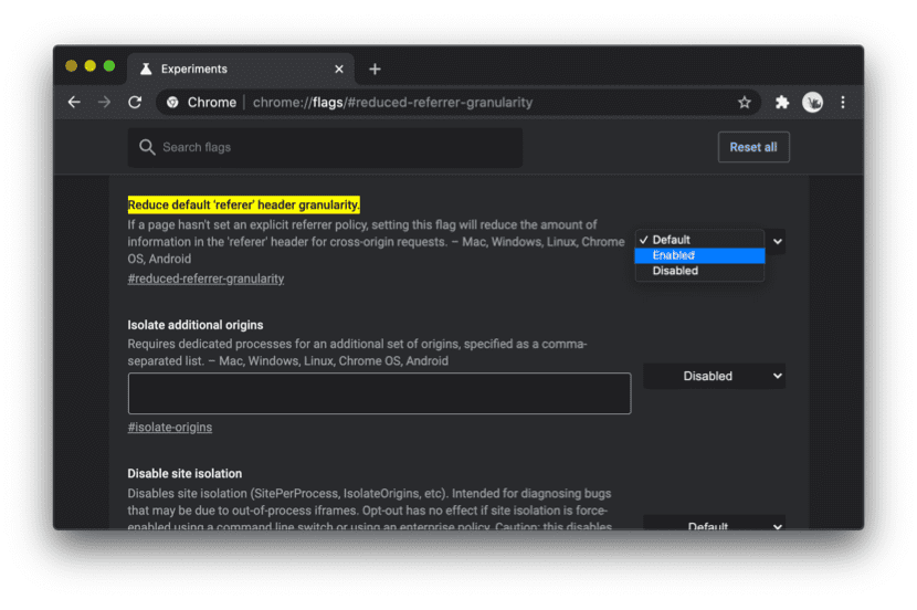 Captura de pantalla de Chrome: Cómo habilitar la marca chrome://flags/#reduced-referrer-granularity.