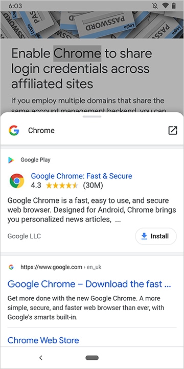Chrome&#39;daki alt sayfa kullanıcı arayüzü örneği.