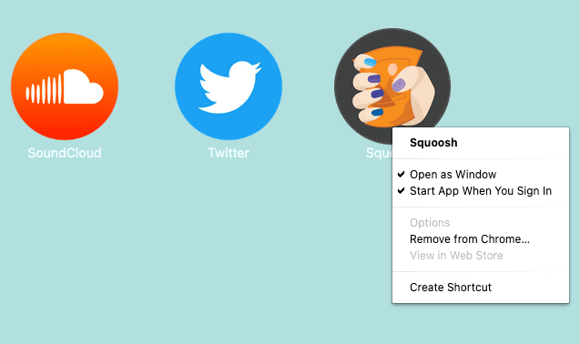 右クリック メニューを開き、ログイン時にアプリを起動するオプションが選択された Squoosh アプリ