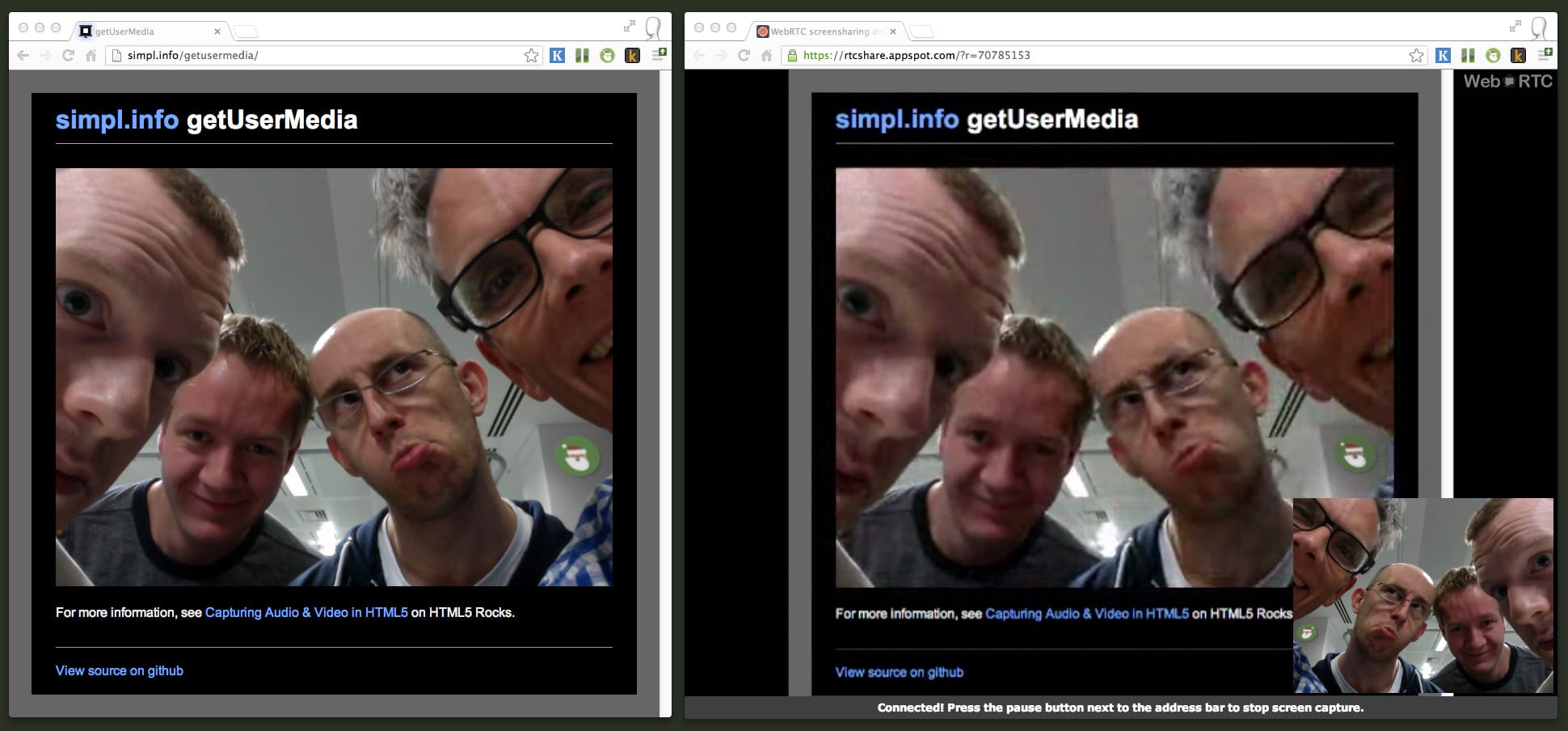 Screenshot van de WebRTC-extensie voor het delen van schermen, met Jake Archibald, Peter Beverloo, Paul Lewis en Sam Dutton