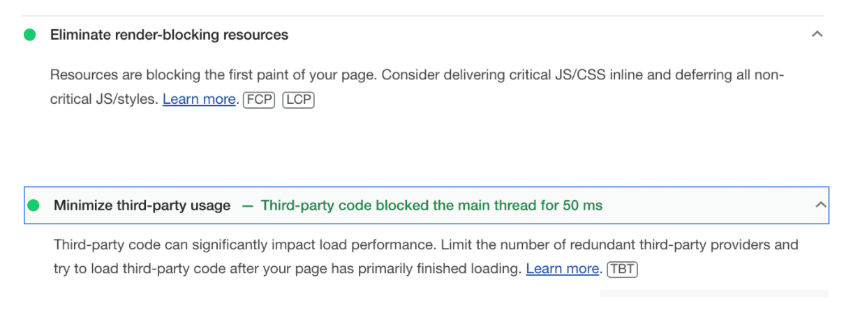 O Lighthouse faz auditorias para eliminar os recursos que bloqueiam a renderização e minimizar o uso de terceiros