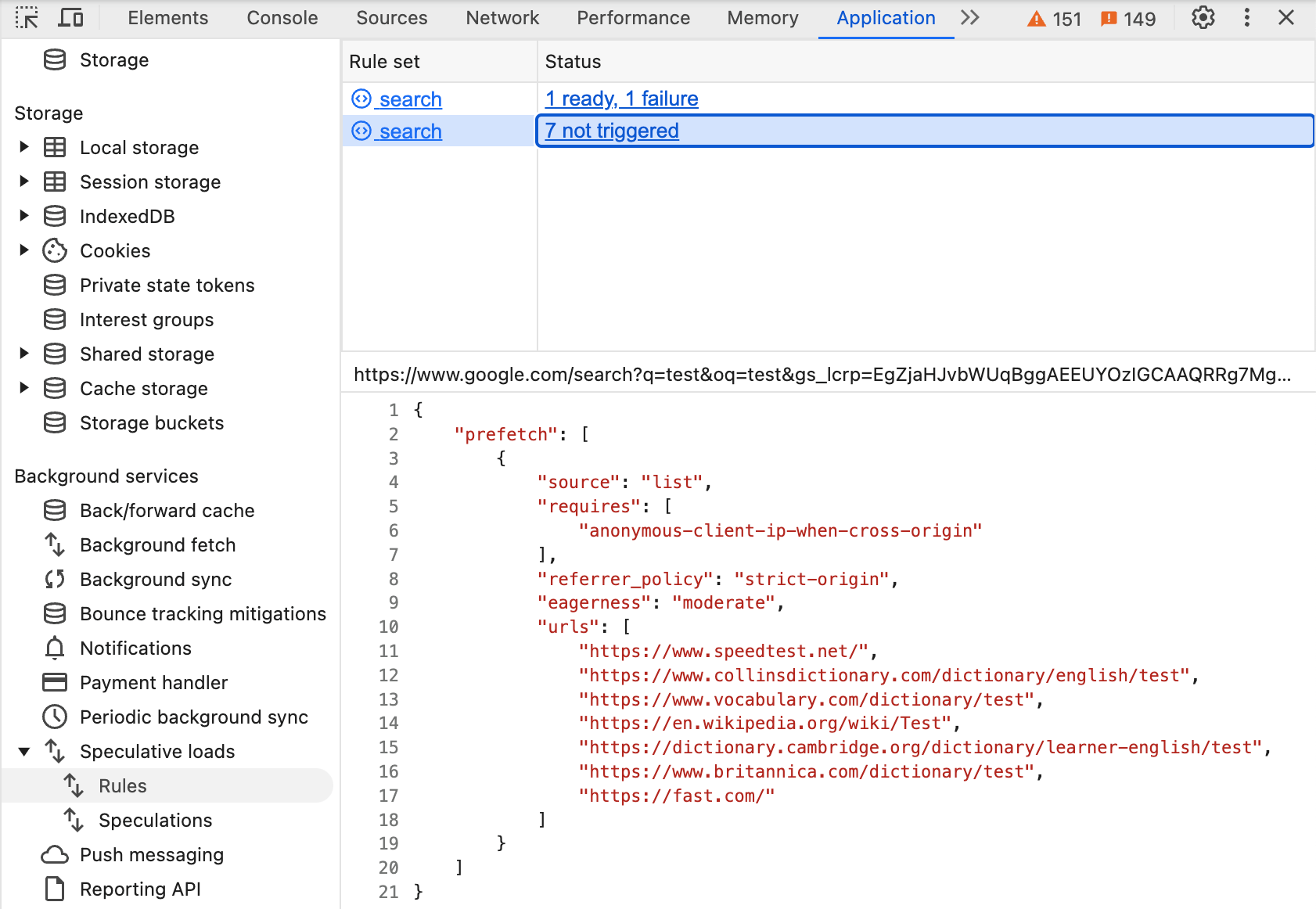 Panel de reglas de DevTools que muestra una regla de lista que usa anonymouse-client-ip-when-cross-origin, una política de referente de origen estricto, una prioridad moderada y siete URLs