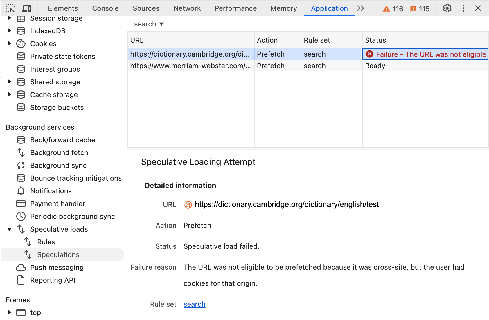 DevTools Speculation panel two URLs, but one has failed to prefetch with an error saying it was not eligible as the user had cookies for that origin