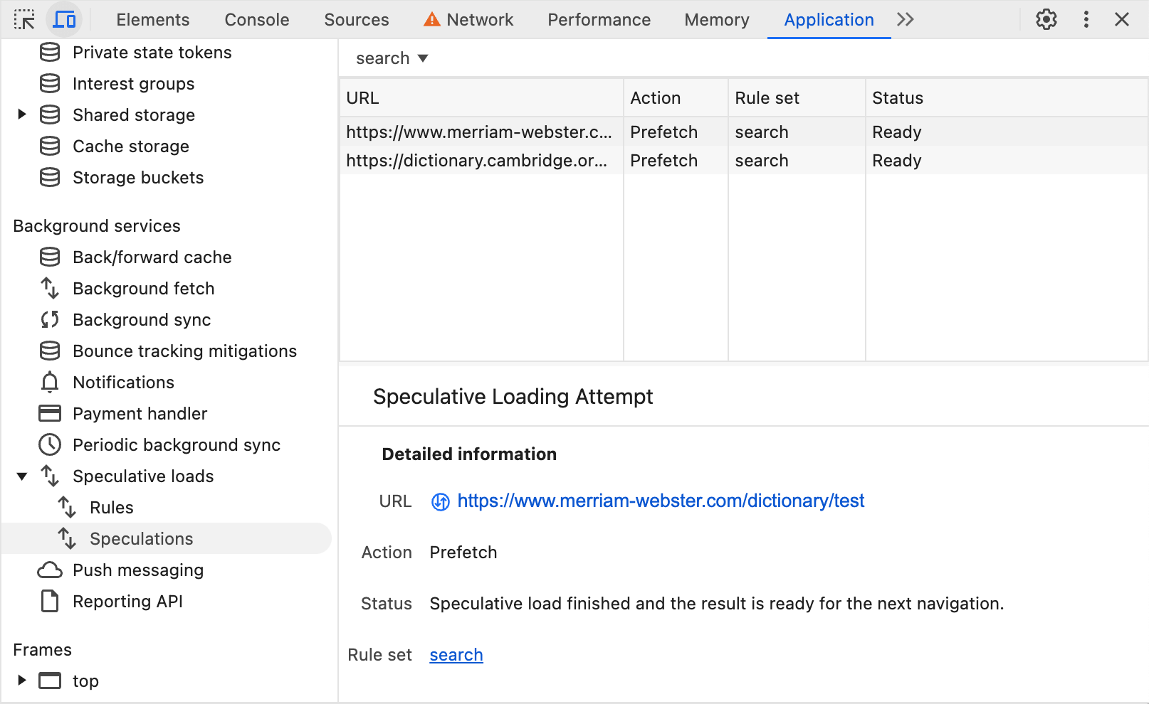 DevTools Speculation panel showing listing two dictionary definitions of the word text, both successfully prefetched