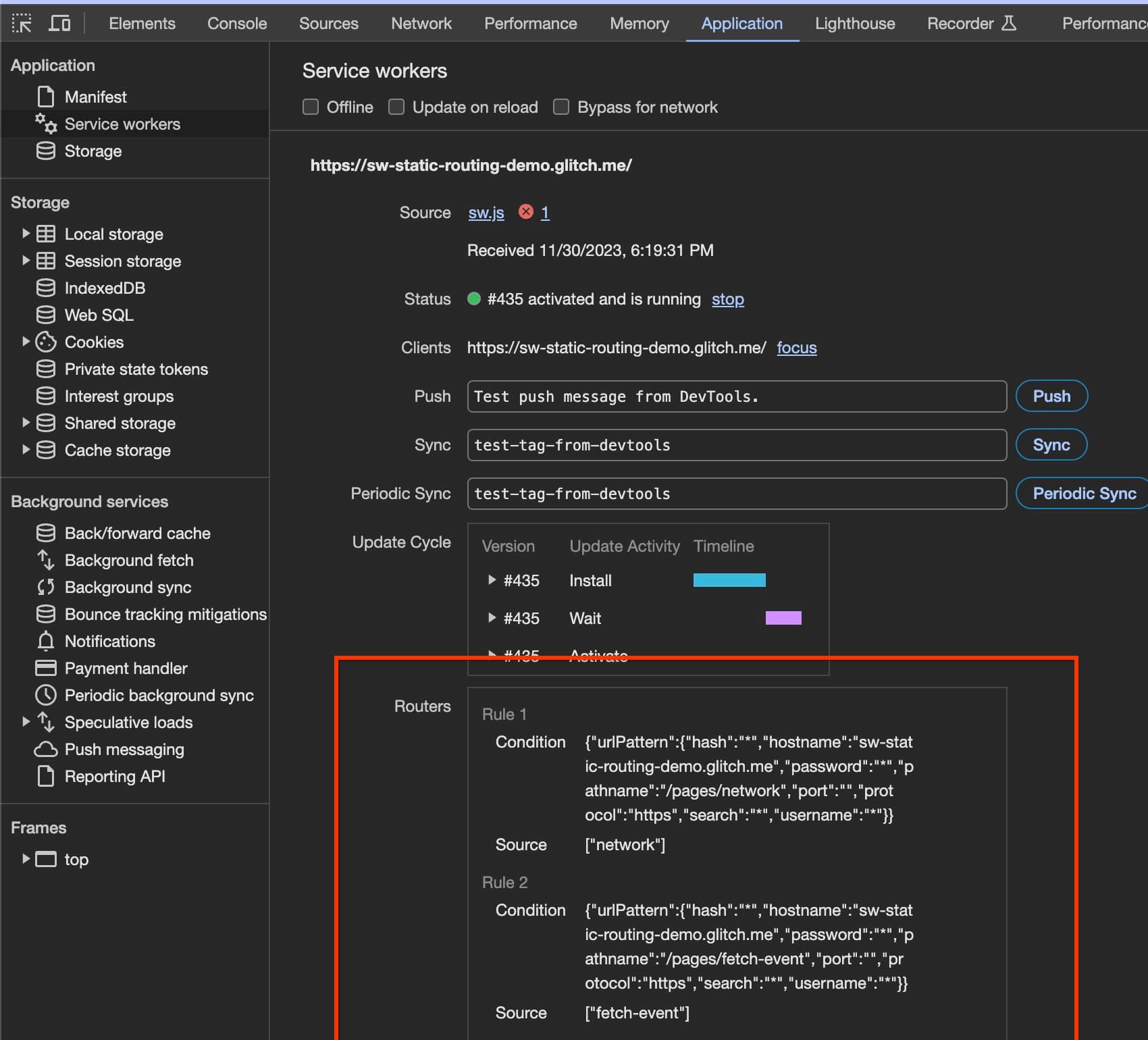 Aturan router ditandai di panel Application.