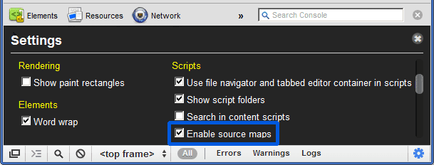 Cara mengaktifkan peta sumber di alat developer WebKit.