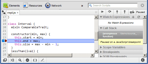 Proses debug Traceur ES6 menggunakan peta sumber.