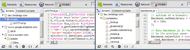 소스 맵 사용 설정 및 사용 중지 상태의 WebKit Devtools 예시