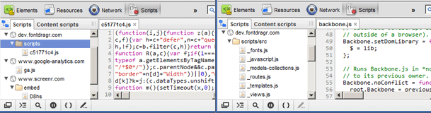 ตัวอย่าง WebKit Devtools ของการแมปแหล่งที่มาในและปิดการแมปแหล่งที่มา