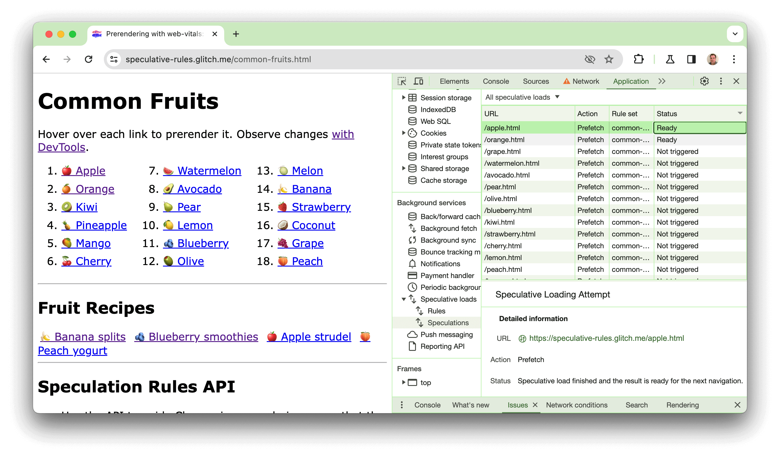 Screenshot einer Demo-Website, die in Glitch erstellt wurde und eine Reihe von Links mit Früchten enthält. Die DevTools sind geöffnet und zeigen, dass zwei der Links (apfel.html und orange.html) bereits erfolgreich vorab gerendert wurden.