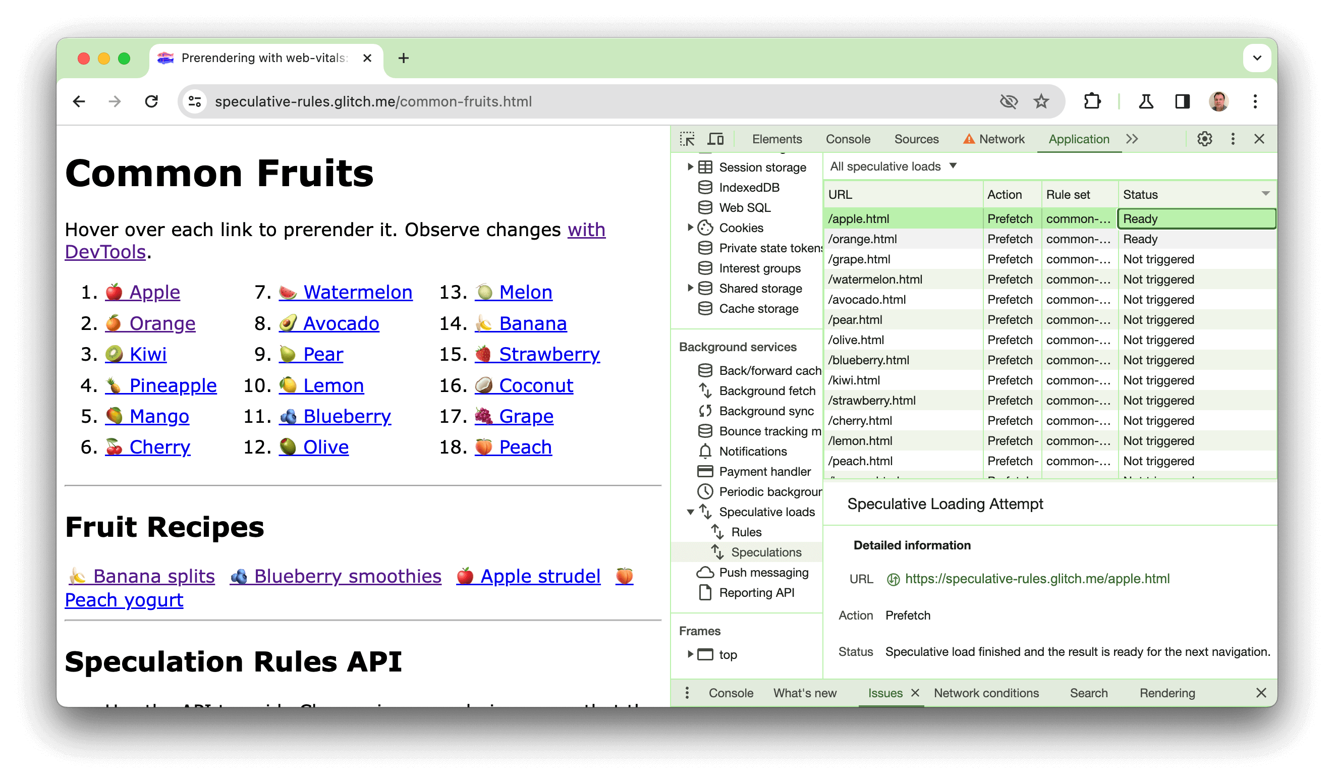 Capture d&#39;écran d&#39;un site de démonstration créé en Glitch répertoriant un certain nombre de liens étiquetés avec des fruits. Les outils de développement sont ouverts et montrent que deux des liens (apple.html et orange.html) sont déjà prérendu.