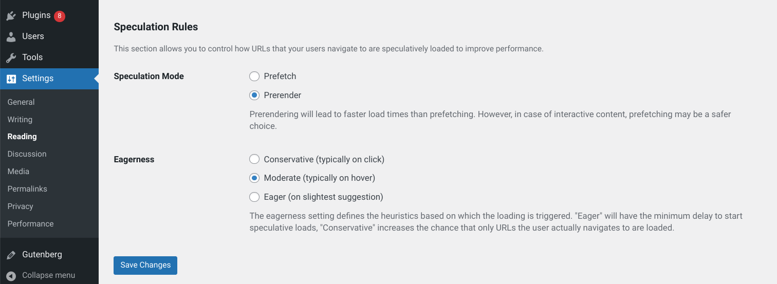 Screenshot panel Bacaan Setelan WordPress dengan setelan Aturan Spekulasi. Ada dua opsi: Mode Spekulasi dengan opsi Pengambilan Data atau Pra-rendering, dan setelan Keinginan dengan setelan Konservatif, Sedang, atau Bersemangat.