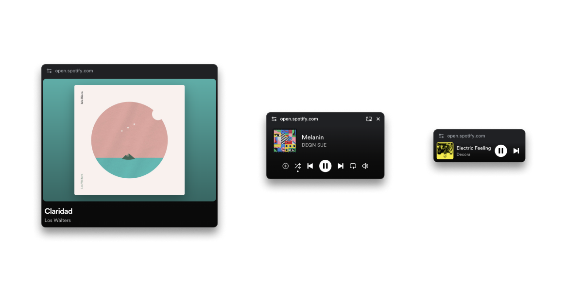 Captura de pantalla de las diferentes formas de la ventana del minireproductor de Spotify.