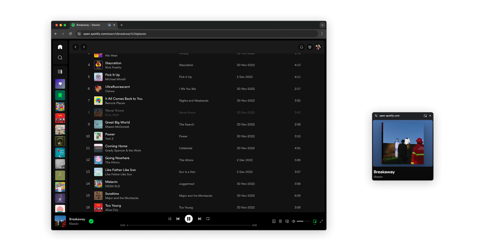 Screenshot della nuova finestra del miniplayer di Spotify.