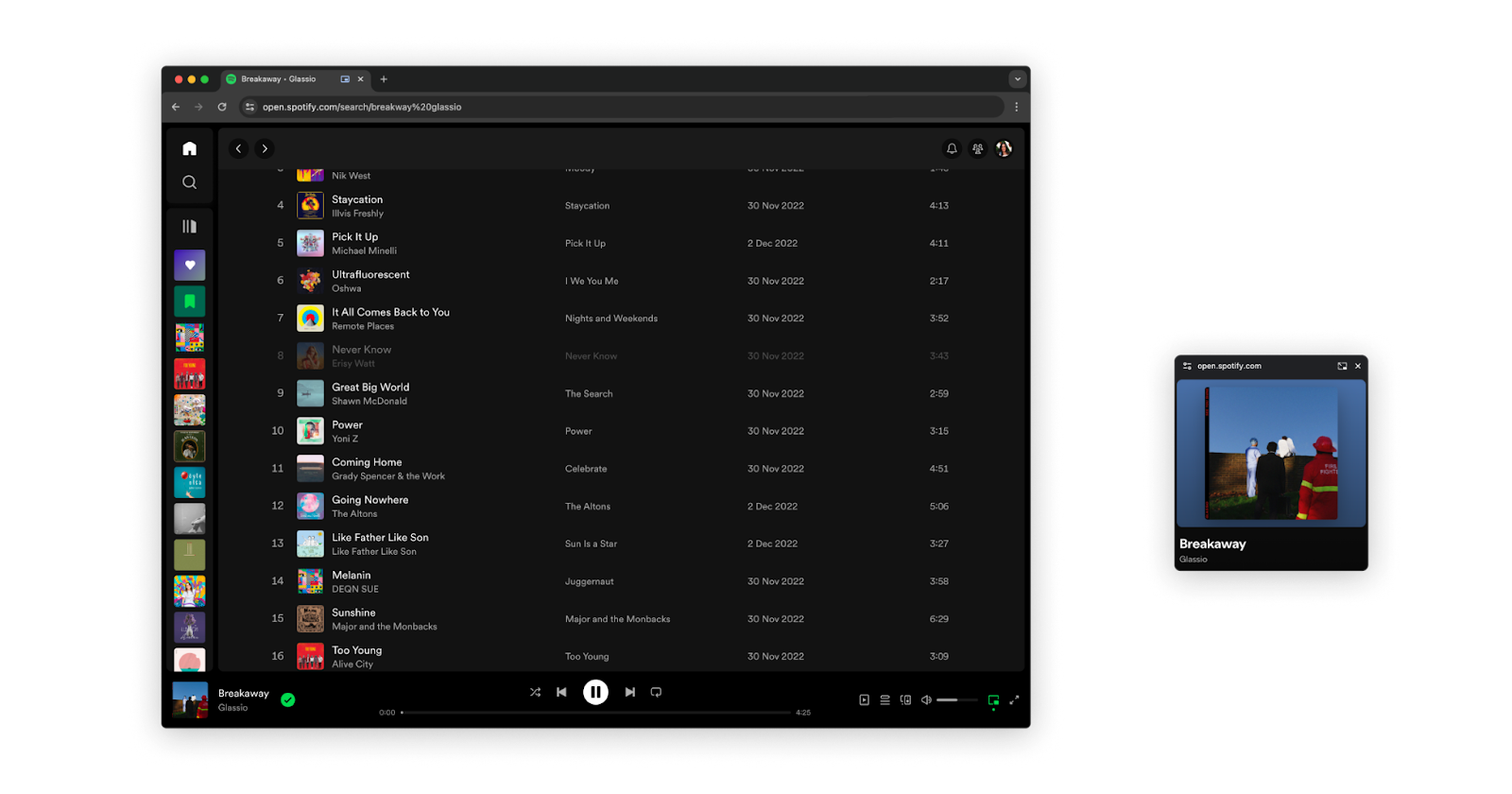 Captura de pantalla de la nueva ventana del Reproductor en miniatura de Spotify.