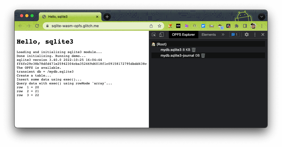 OPFS Explorer Chrome extension showing the Origin Private File System structure of the demo app.