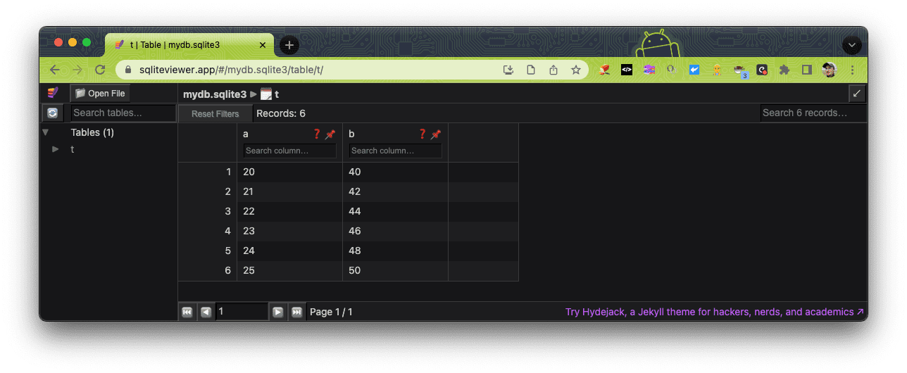 Application de lecture SQLite utilisée pour ouvrir un fichier de base de données à partir de la démonstration de SQLite Wasm.