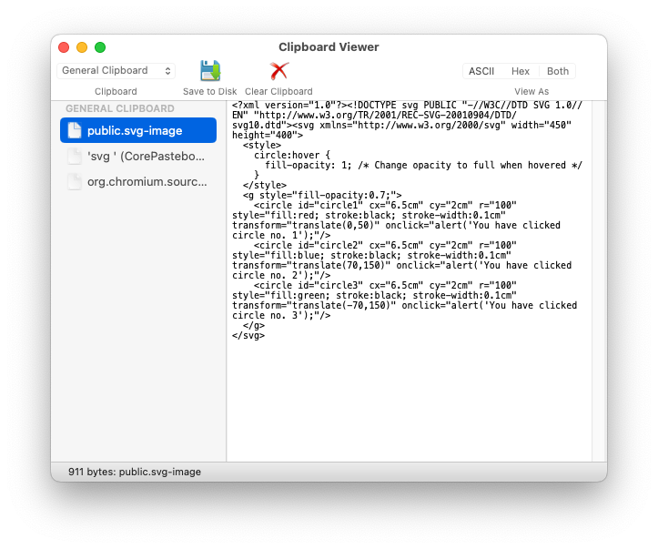 macOS पर क्लिपबोर्ड व्यूअर ऐप्लिकेशन, क्लिपबोर्ड के कॉन्टेंट की जांच कर रहा है. इससे पता चलता है कि SVG में onclick इवेंट लिसनर एट्रिब्यूट अब भी मौजूद हैं.