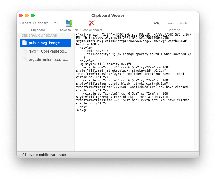 Приложение Clipboard Viewer на macOS проверяет содержимое буфера обмена. Оно показывает, что атрибуты прослушивателя событий onclick в SVG все еще присутствуют.
