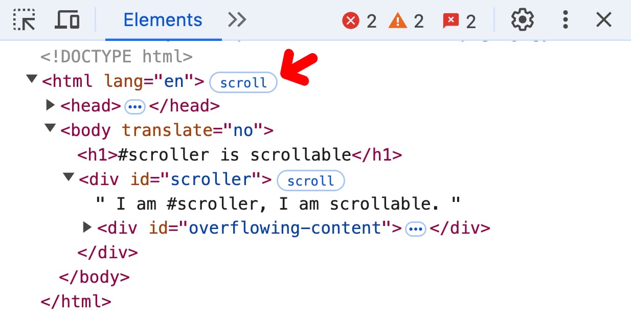 A scroll badge next to the HTML tag in the Elements panel.