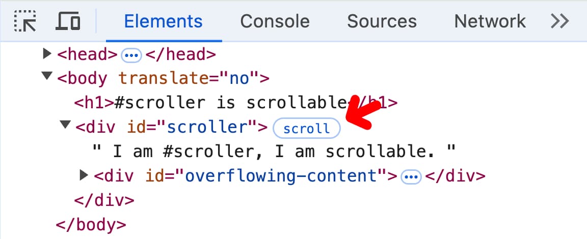 “元素”面板中新增了滚动标记。