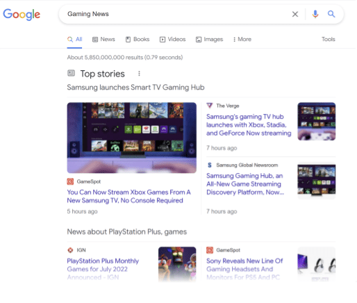 Capture d&#39;écran du widget &quot;À la une&quot; et &quot;Actualités&quot; de la recherche Google pour le terme de recherche &quot;actualités sur les jeux vidéo&quot;.