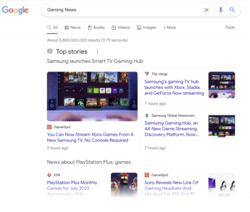 Een screenshot van de Top Stories en News-widget van Google Zoeken voor de zoekterm 'gamingnieuws'.