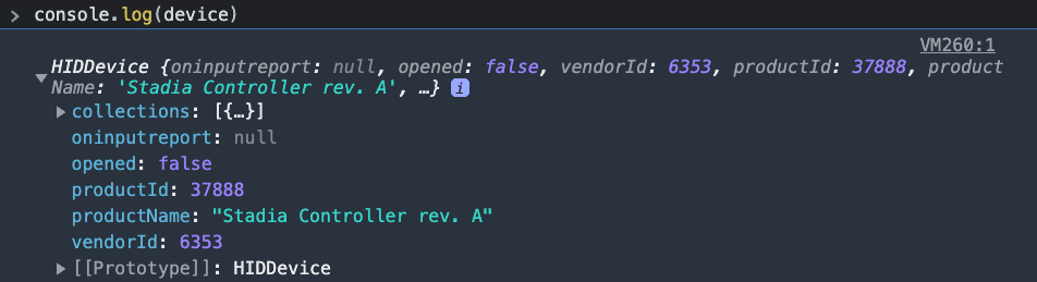 Chrome DevTools Console showing the output of logging the HIDDevice object.