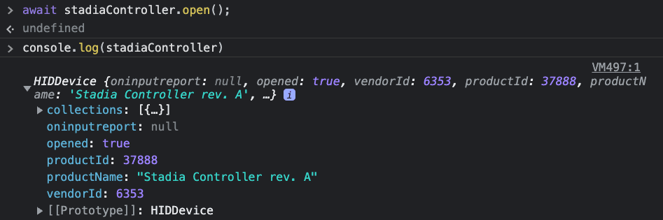 Chrome DevTools कंसोल, जिसमें HIDDevice ऑब्जेक्ट को खोलने के बाद, उसे लॉग करने का आउटपुट दिख रहा है.