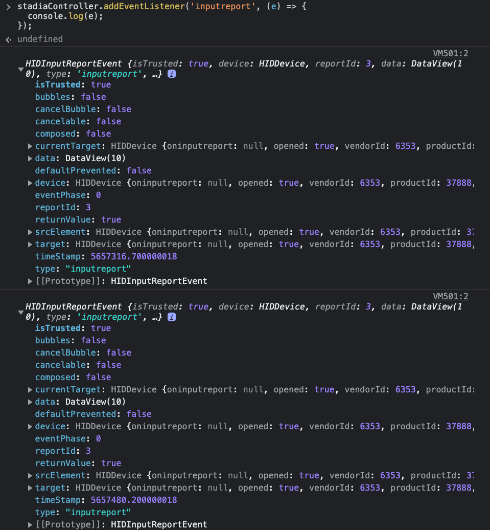 La consola de Herramientas para desarrolladores de Chrome muestra los objetos HIDInputReportEvent que se registran.