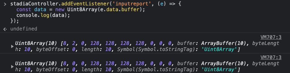 Chrome DevTools कंसोल, जिसमें हर HIDInputReportEvent के लिए लॉग किए जा रहे Uint8Array ऑब्जेक्ट दिख रहे हैं.