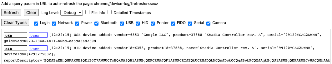 Die Debug-Oberfläche (chrome://device-log) mit Informationen zum angeschlossenen Stadia-Controller.