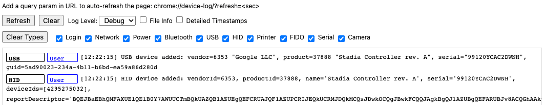 Interfejs debugowania chrome://device-log z informacjami o podłączonym kontrolerze Stadia.