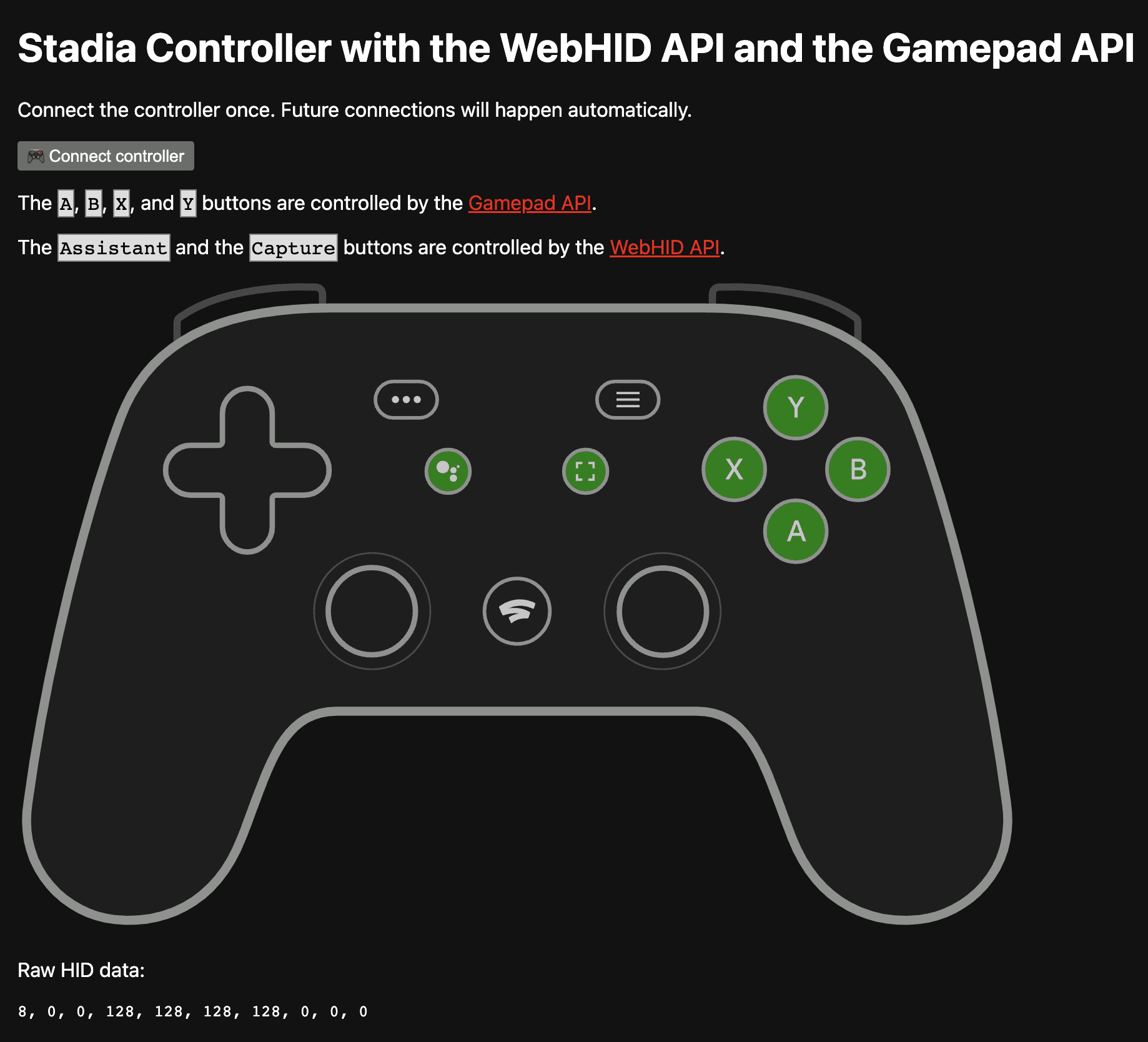 برنامه نمایشی در https://stadia-controller-webhid-gamepad.glitch.me/ نشان می دهد که دکمه های A، B، X و Y توسط Gamepad API کنترل می شوند و دکمه های Assistant و Capture توسط WebHID API.