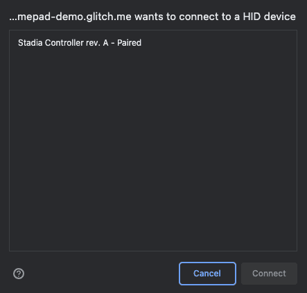 WebHID API 裝置挑選器只會顯示 Stadia 控制器。
