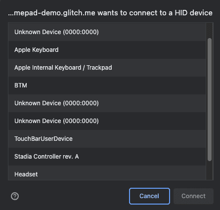 Il selettore di dispositivi dell&#39;API WebHID che mostra alcuni dispositivi non correlati e il controller Stadia nella penultima posizione.