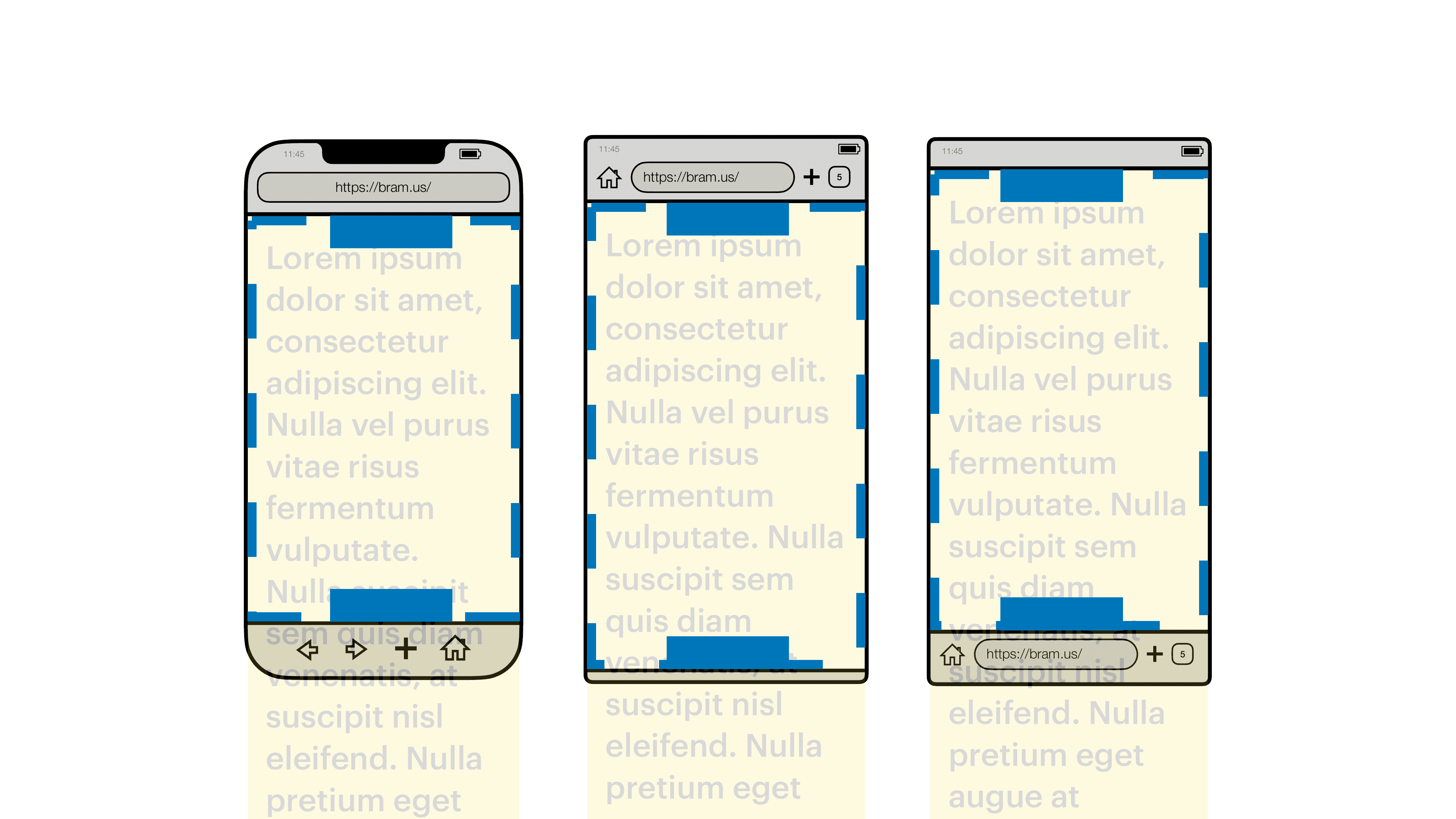 Visualización del viewport de diseño (contorno azul) en navegadores para dispositivos móviles, cada uno con dos elementos que se organizan con &quot;position: fixed&quot; (cuadros azules).