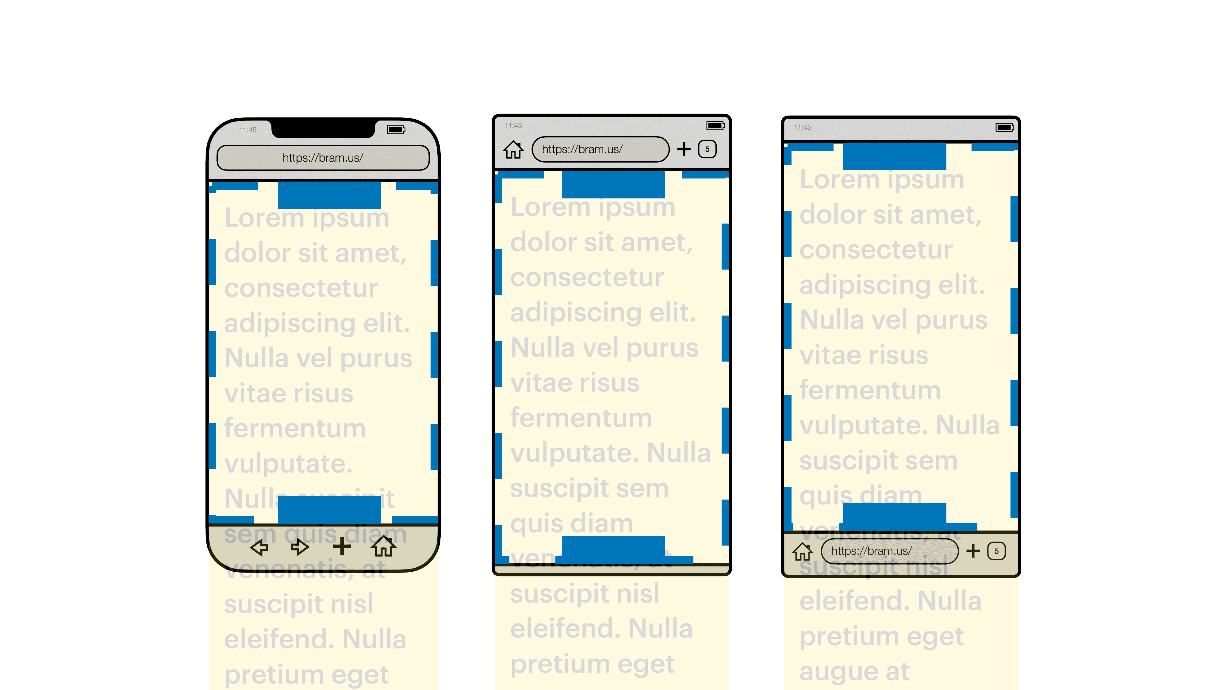 Visualización de la ventana de visualización de diseño (contorno azul) en navegadores para dispositivos móviles, cada uno con dos elementos que se presentan con `position: fixed` (cuadros azules).