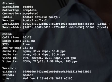 Captura de pantalla del cuadro de información de appr.tc, que muestra información de señalización y códec