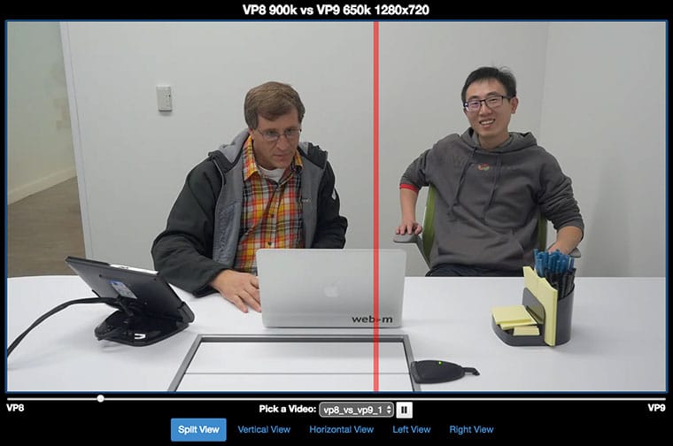 Zrzut ekranu pokazujący obok siebie wywołania WebRTC dzięki VP8 i VP9