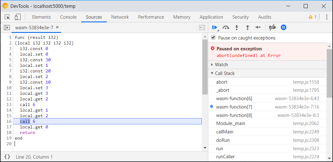 以前の Chrome DevTools で制限されていた WebAssembly デバッグ サポートのスクリーンショット。