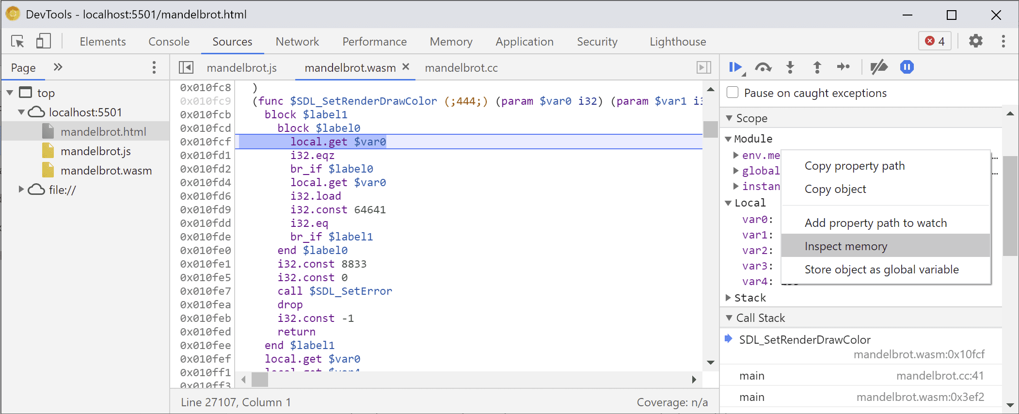 Context menu on the `env.memory` in the Scope pane showing an 'Inspect Memory' item