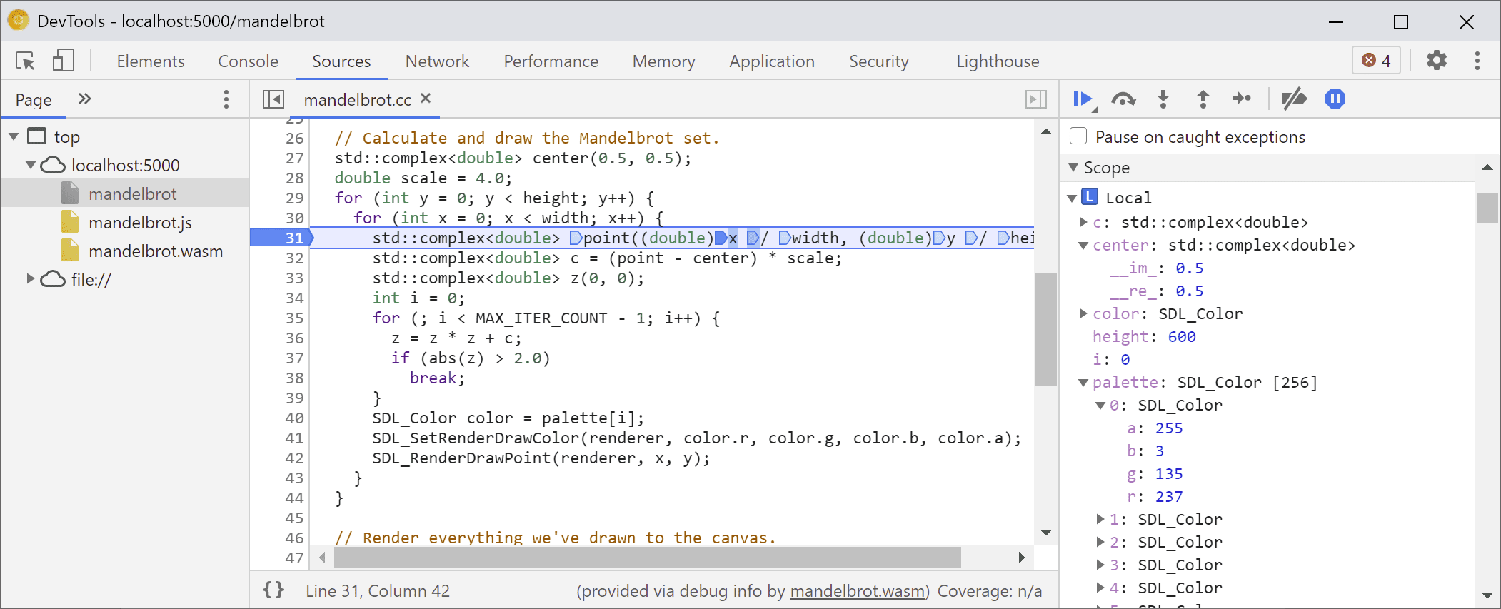 As DevTools foram pausadas dentro dos loops aninhados.