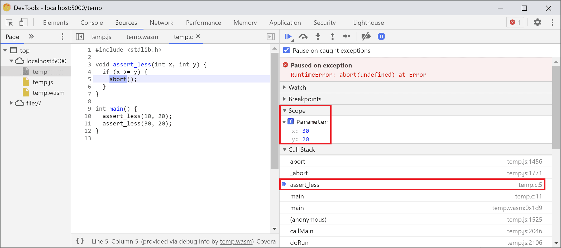 `assert_less` 함수에서 일시중지된 DevTools가 범위 뷰에 `x` 및 `y` 값을 표시함