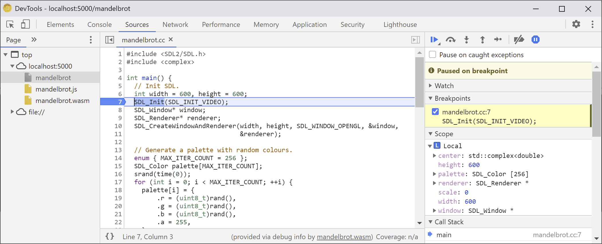 DevTools dijeda pada panggilan `SDL_Init`