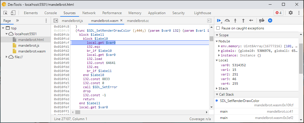 DevTools में, `mandelbrot.wasm` का डिसअसेम्बली व्यू दिखाया गया है